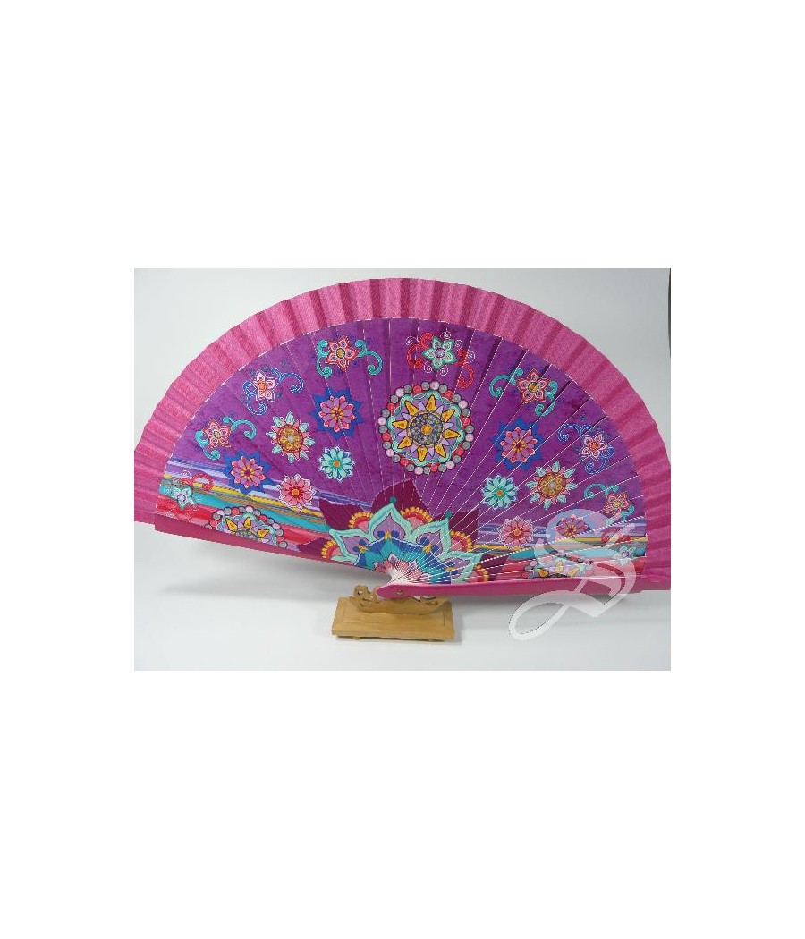 ABANICO MADERA ESTAMPADO FUXIA MANDALAS