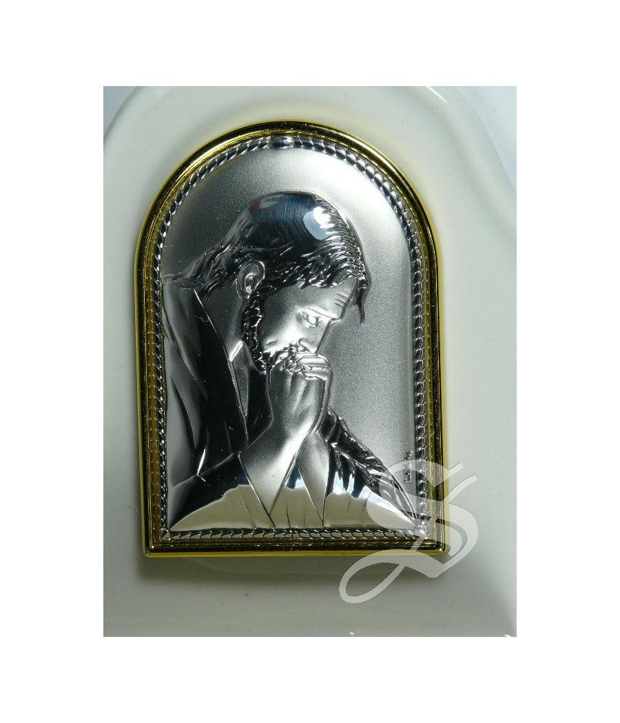 BENDITERA PORCELANA 8 X 16 CM.  JESUS ORANTE PLACA DE PLATA