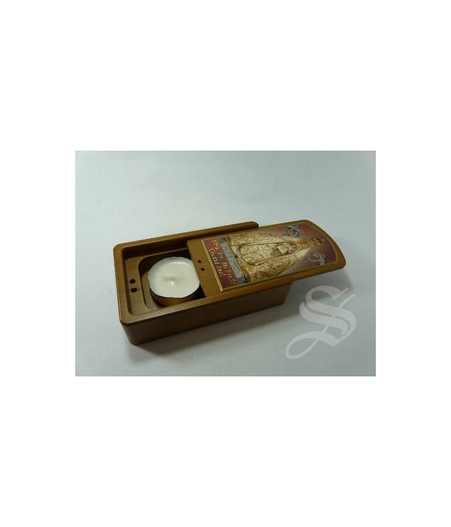 CAJA MADERA VIRGEN DEL PRADO CON VELA 14*7.5*2.5 CM