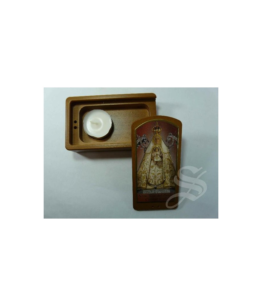 CAJA MADERA VIRGEN DEL PRADO CON VELA 14*7.5*2.5 CM