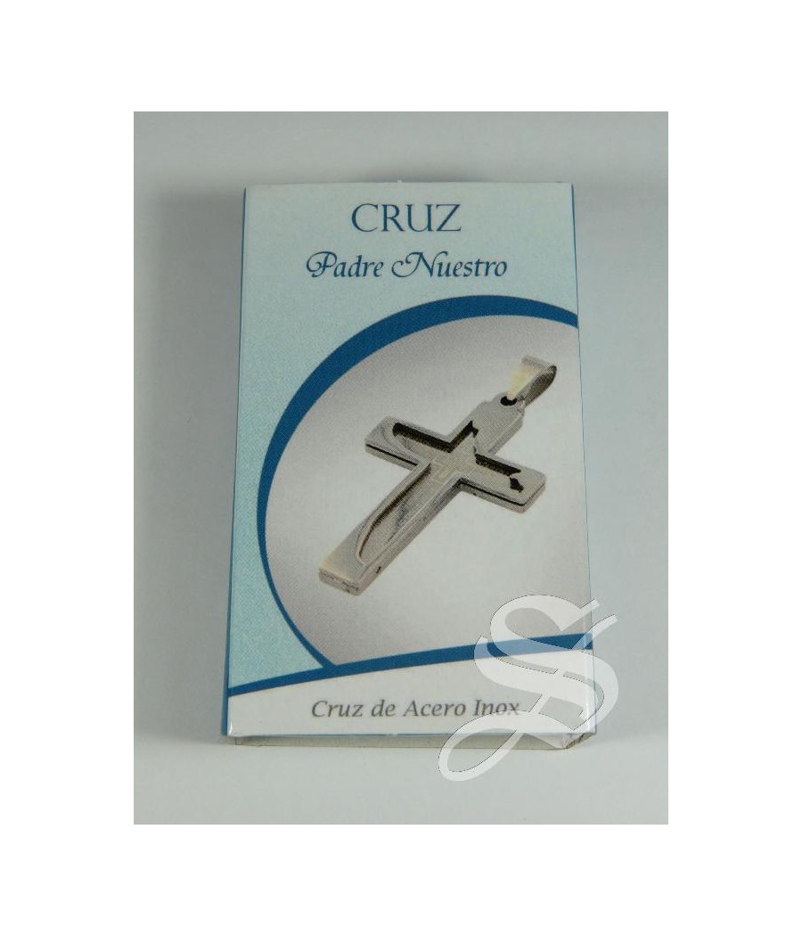 CRUZ ACERO PADRE NUESTRO 3 CM. CON CADENA Y CAJA