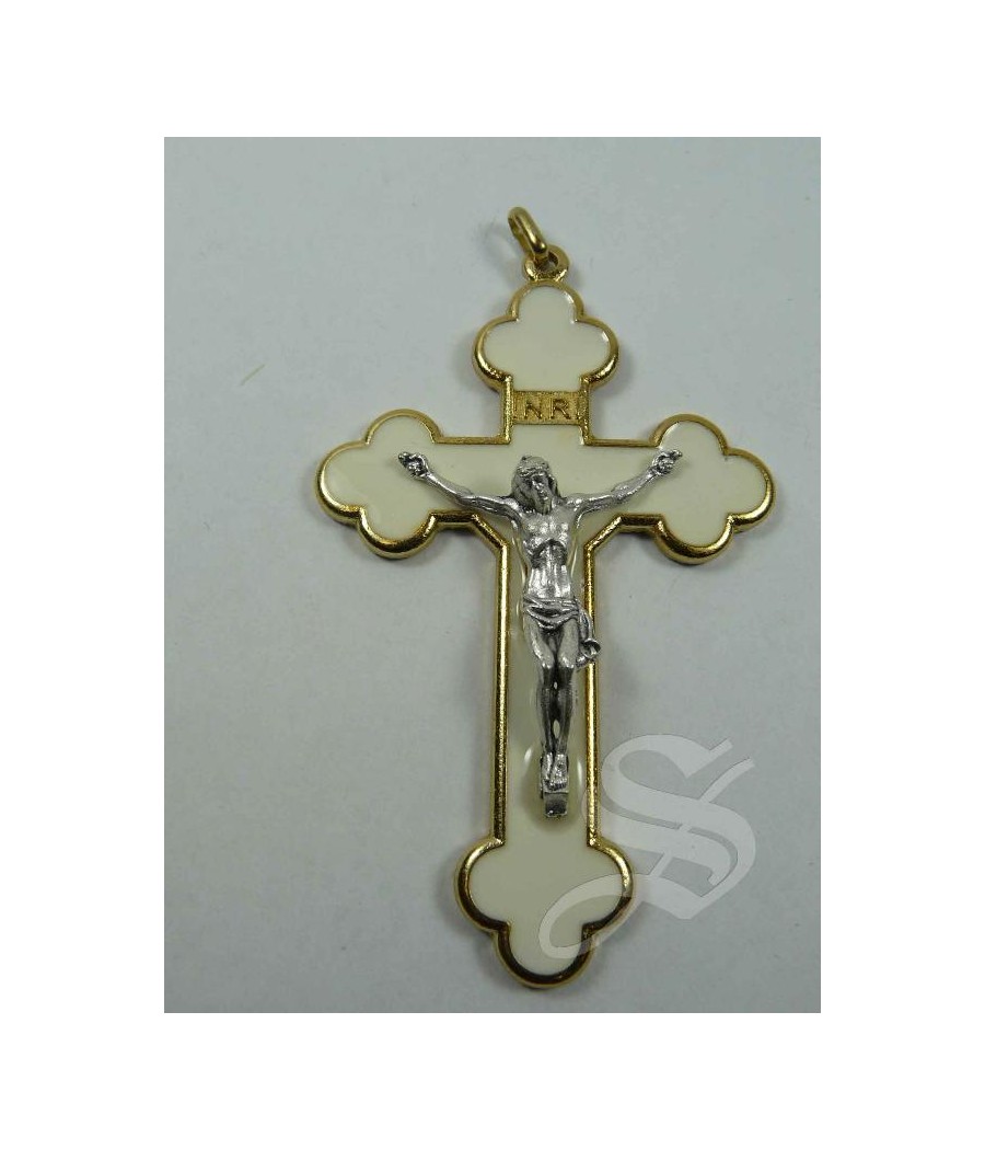 CRUZ COMUNION CON CRISTO Y ESMALTE BLANCO 8.5 X 5 CM