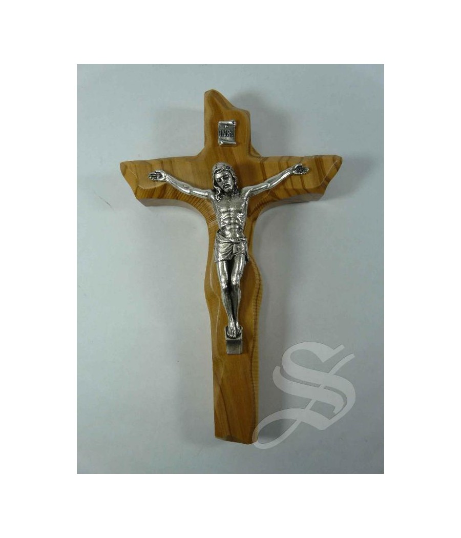 CRUZ CONTORNEADA MADERA OLIVO 15 CM. CRISTO EN METAL