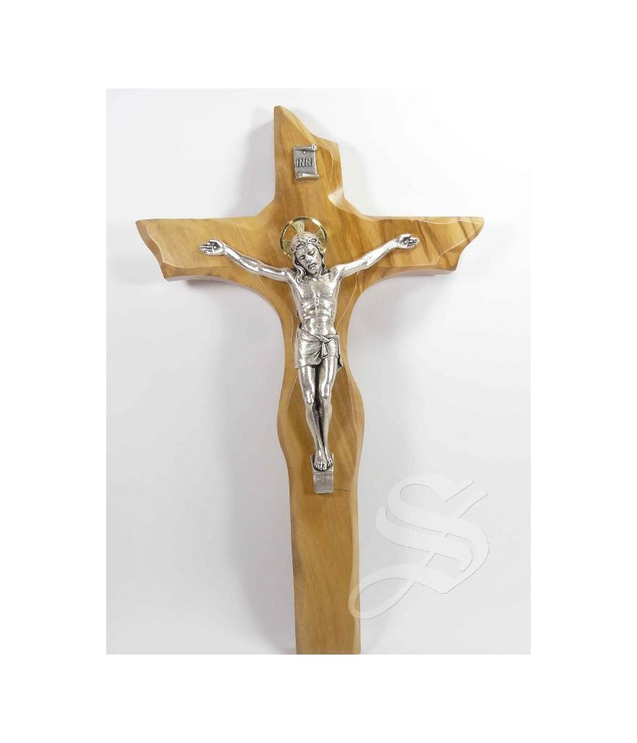 CRUZ CONTORNEADA MADERA OLIVO 28 CM. CRISTO METAL