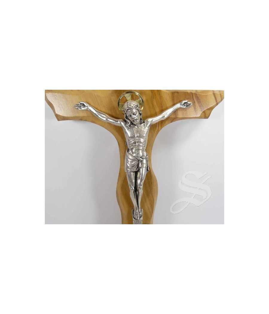 CRUZ CONTORNEADA MADERA OLIVO 28 CM. CRISTO METAL