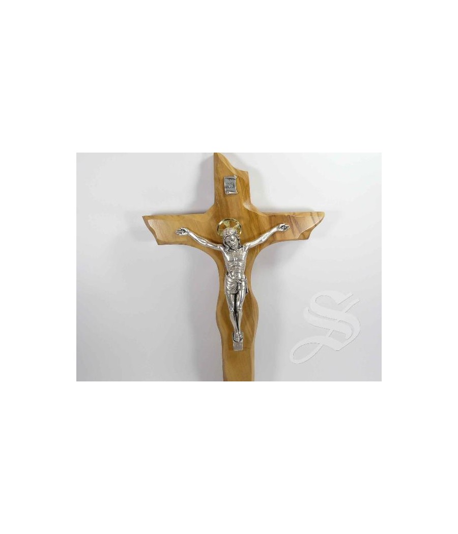 CRUZ CONTORNEADA MADERA OLIVO 28 CM. CRISTO METAL