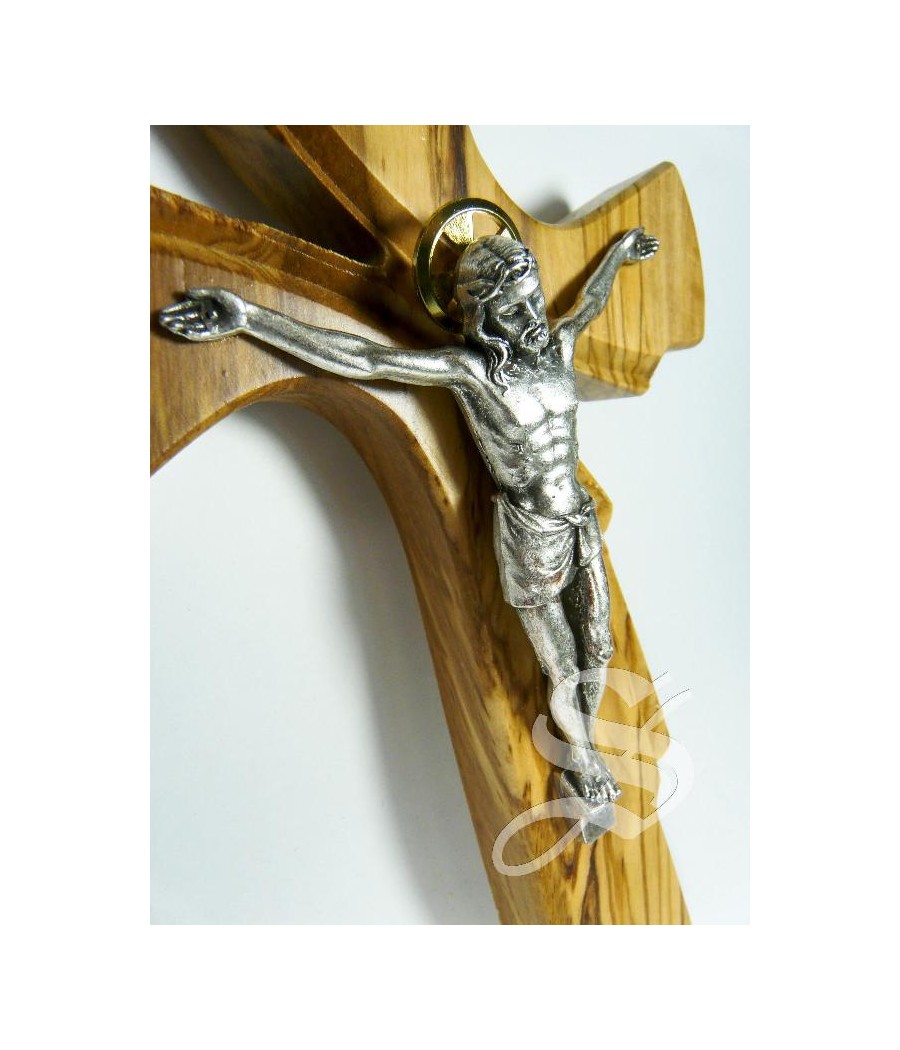 CRUZ EN OLIVO ESTILIZADA CON CRISTO METAL 20 CM.