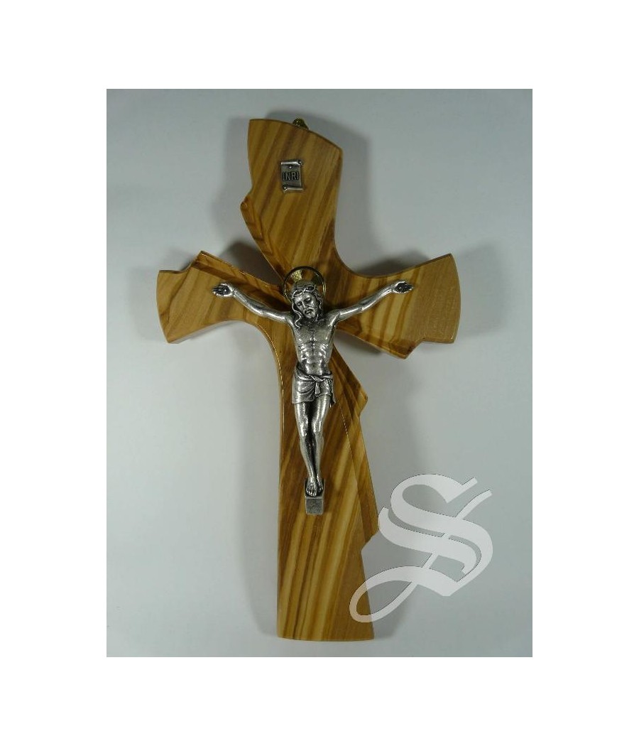 CRUZ EN OLIVO ESTILIZADA CON CRISTO METAL 28 CM.