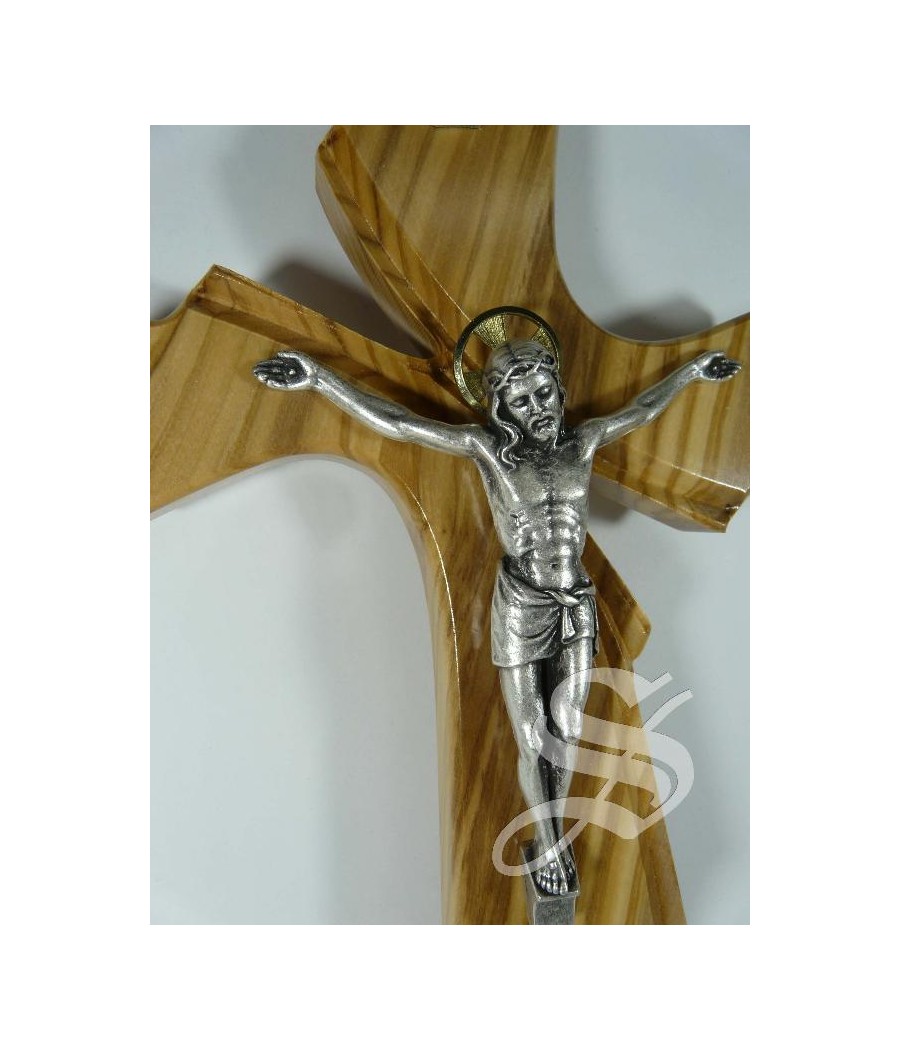 CRUZ EN OLIVO ESTILIZADA CON CRISTO METAL 28 CM.