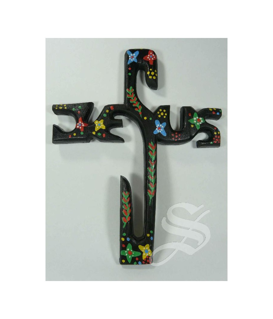 CRUZ JESUS 25 X 20 CM. EN MADERA CON DETALLES FLORALES