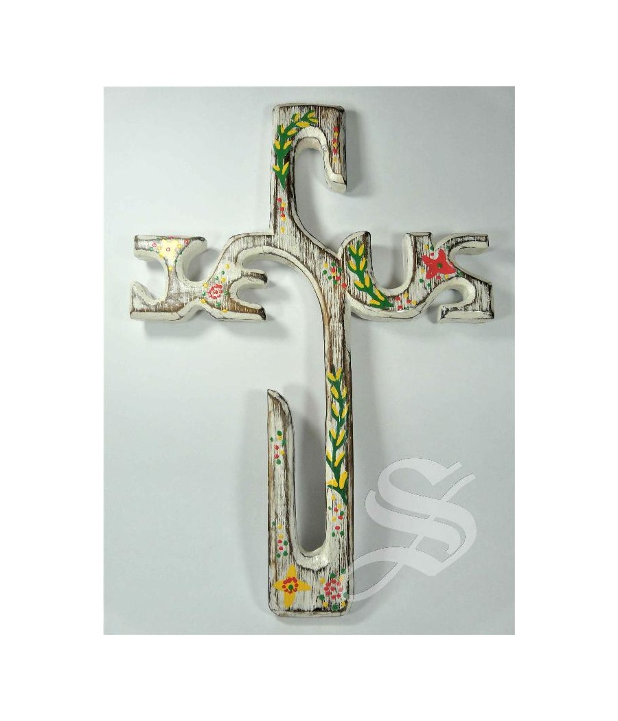 CRUZ JESUS 35 X 25 CM. MADERA CON DETALLES FLORALES