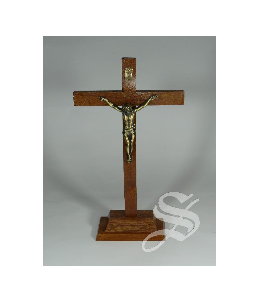 CRUZ MADERA CON BASE 25 CM. CRISTO BRONCE