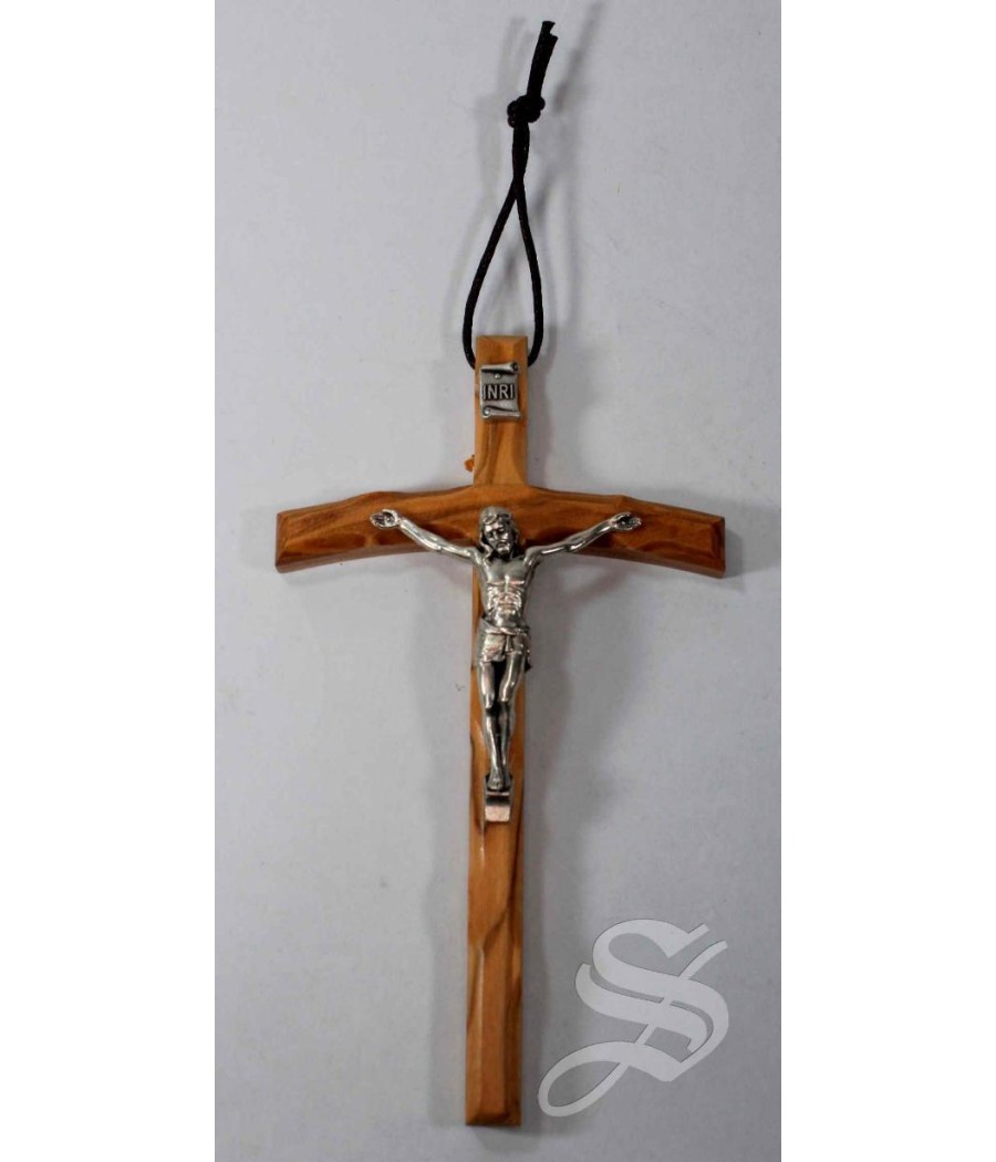 CRUZ MADERA OLIVO CON CRISTO EN METAL 14 * 8 CM.