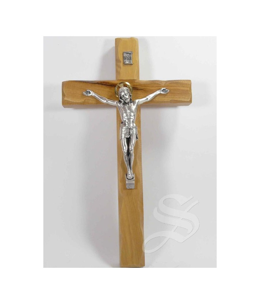 CRUZ MADERA OLIVO CON CRISTO EN METAL 23CM.