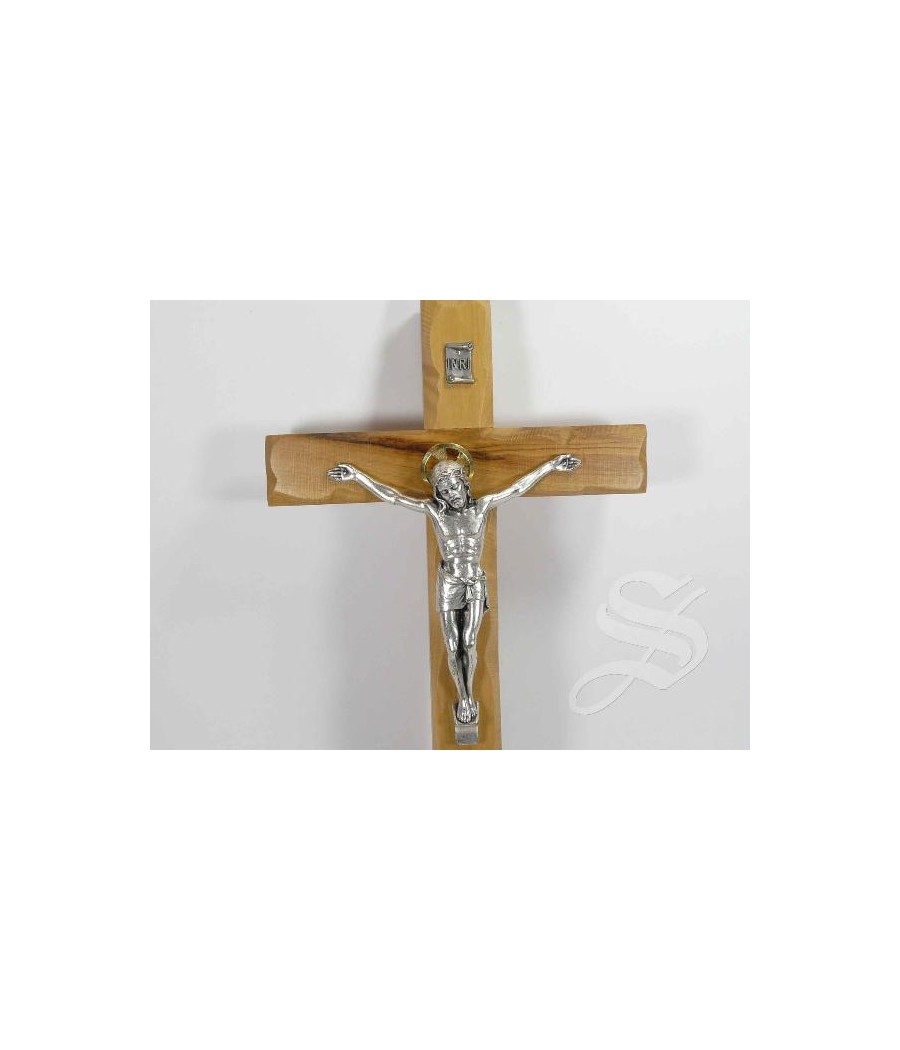 CRUZ MADERA OLIVO CON CRISTO EN METAL 23CM.