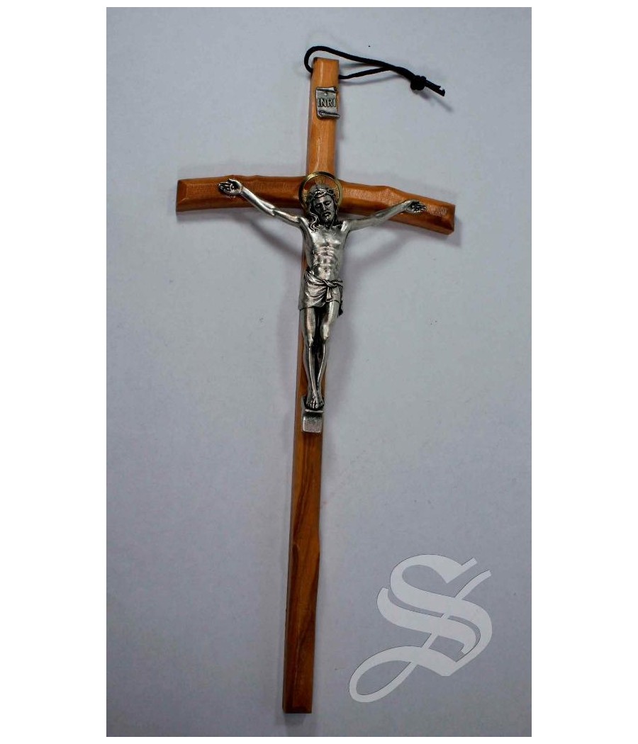 CRUZ MADERA OLIVO CON CRISTO EN METAL 25 CM.