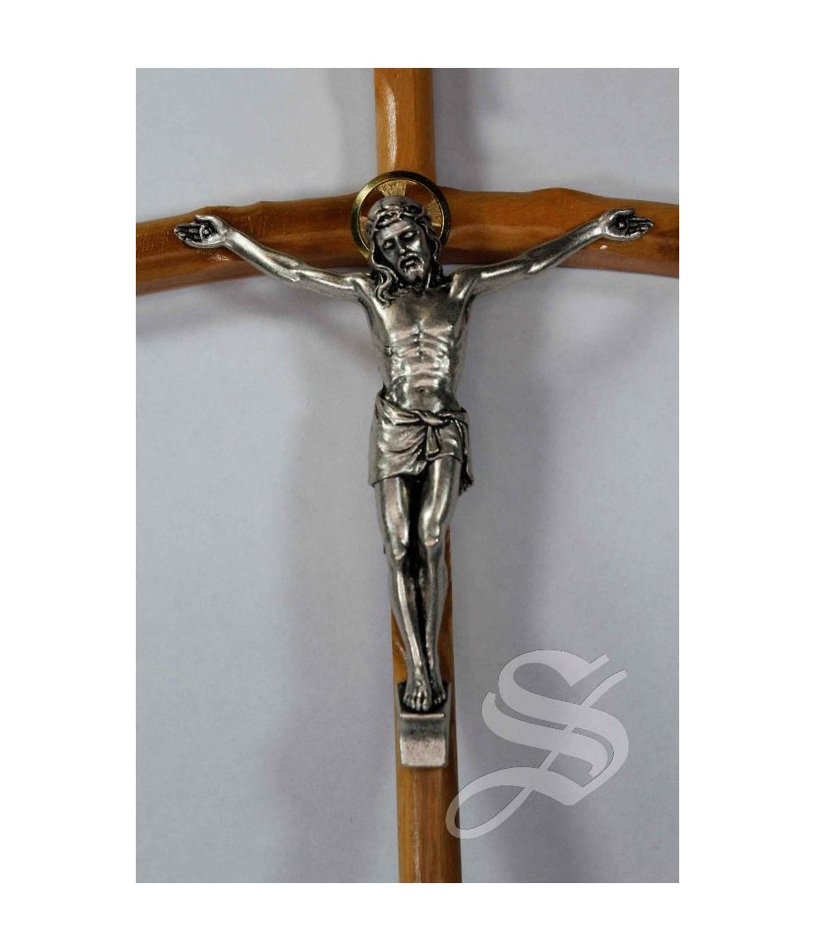 CRUZ MADERA OLIVO CON CRISTO EN METAL 25 CM.