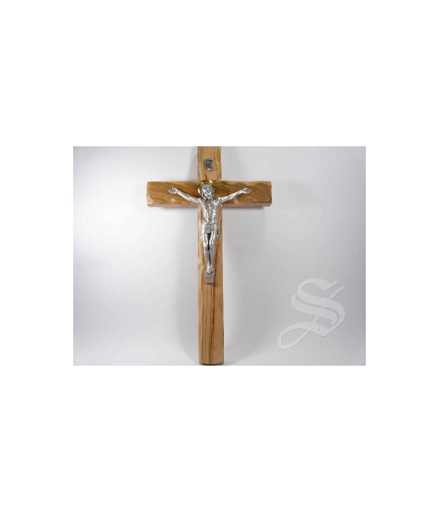 CRUZ MADERA OLIVO CON CRISTO EN METAL 28 CMS.