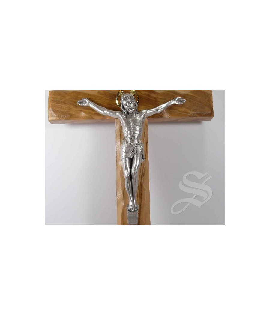 CRUZ MADERA OLIVO CON CRISTO EN METAL 28 CMS.