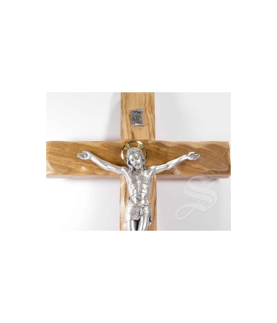 CRUZ MADERA OLIVO CON CRISTO EN METAL 28 CMS.