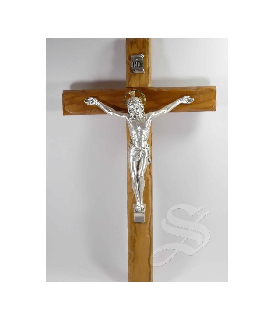 CRUZ MADERA OLIVO CON CRISTO EN METAL 34CMS.