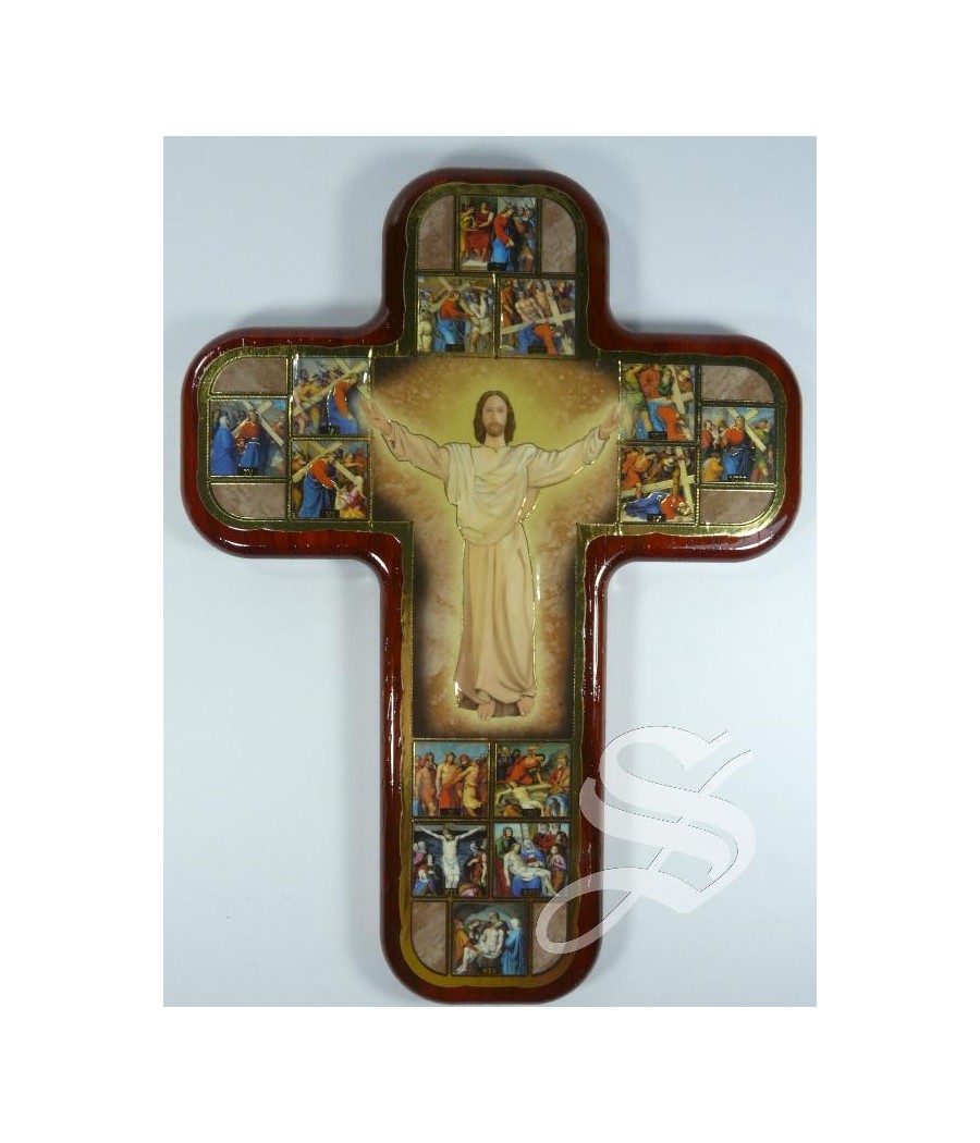 CRUZ VIA CRUCIS MADERA ROJA 25CM.