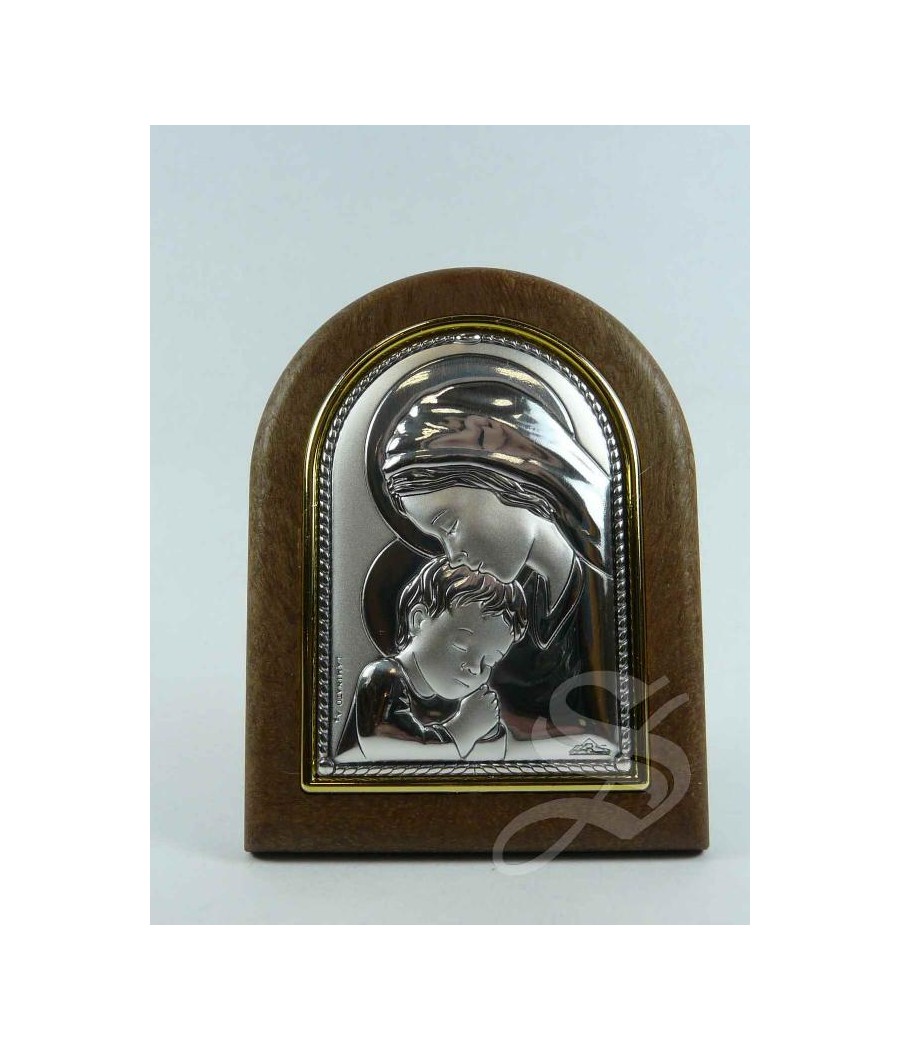 CUADRO CAPILLA 7 * 5 EFECTO MADERA CON PLACA DE PLATA BILAMINADA VIRGEN CON NIÑO