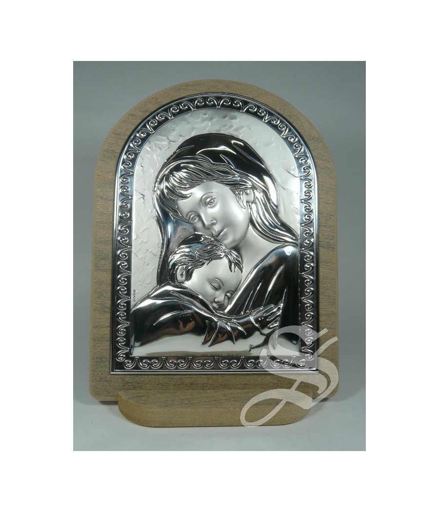 CUADRO MADERA CON PLATA 15 X 20 VIRGEN CON NIÑO