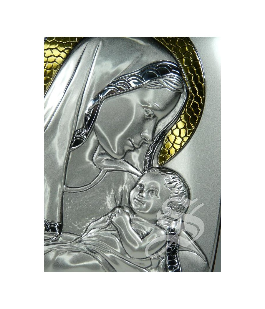 CUADRO MADERA Y PLATA CON ORO VIRGEN CON NIÑO 13 X 10,5