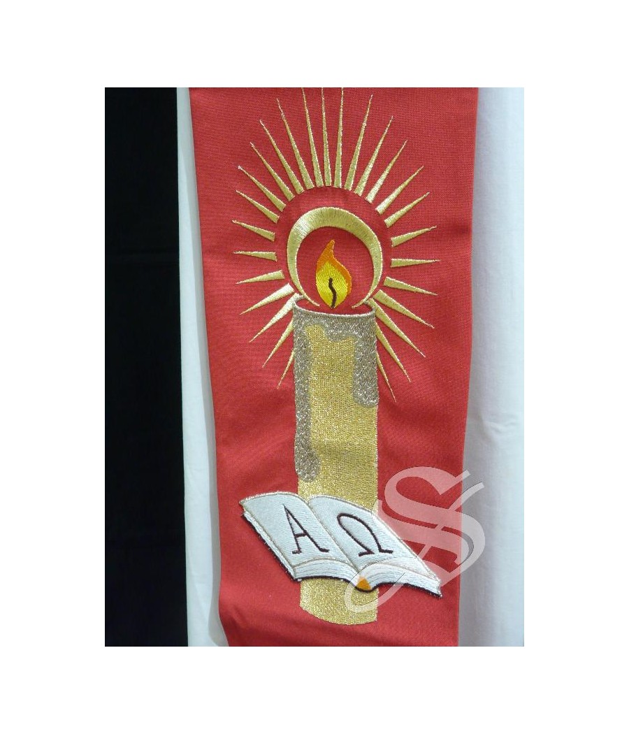 ESTOLA ROJA BORDADA VELA CON LIBRO ALFA Y OMEGA Y ESPIGA