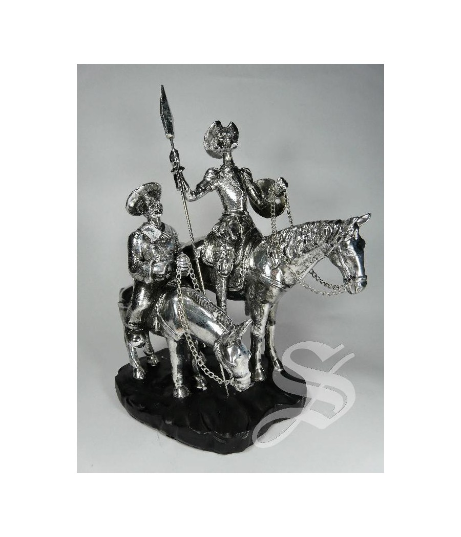 FIGURA QUIJOTE Y SANCHO MONTADOS PLATEADO 20*15*23