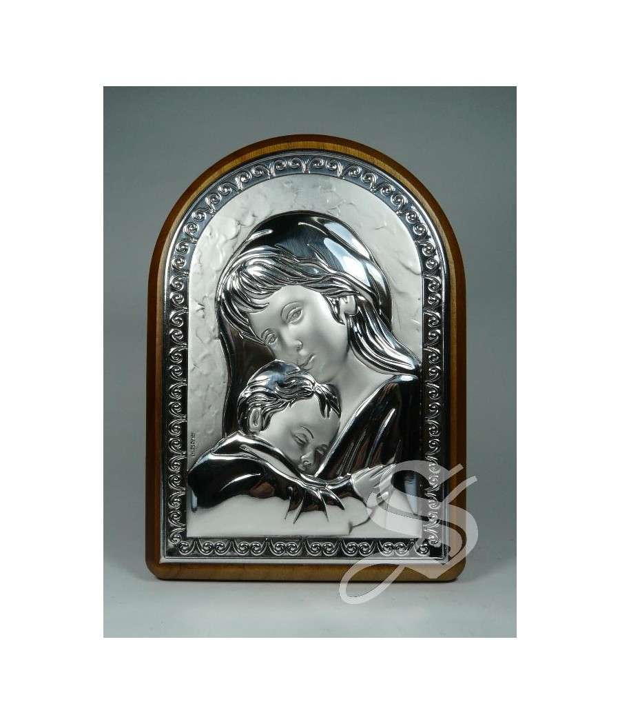 ICONO MADERA CON PLATA 10 X 14 VIRGEN CON NIÑO