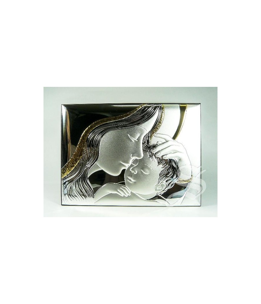 ICONO VIRGEN CON NIÑO 21 X 15 PLATA LAMINADA