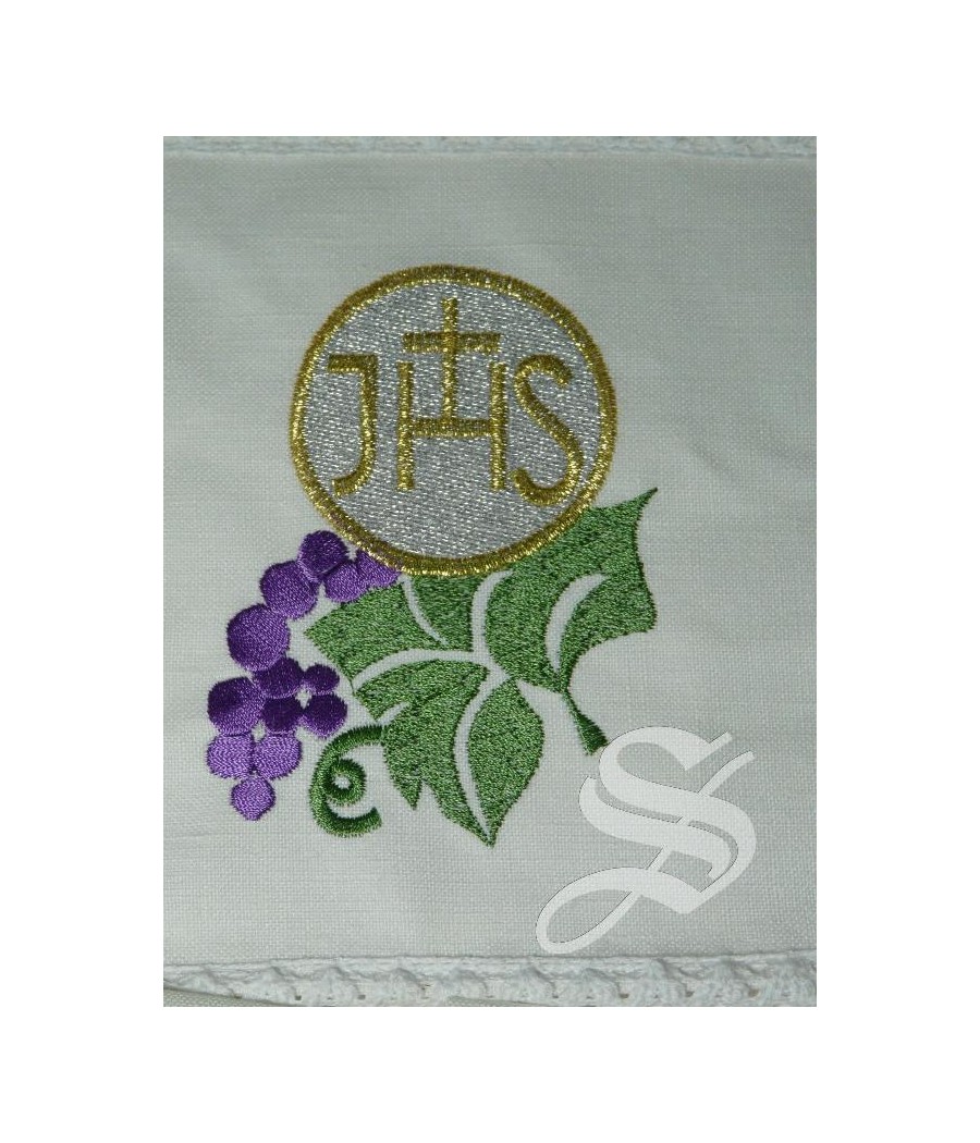 JUEGO ALTAR LINO FORMA, JHS, UVAS. PALIA PURIFICADOR CORPORAL Y MANUTERGIO