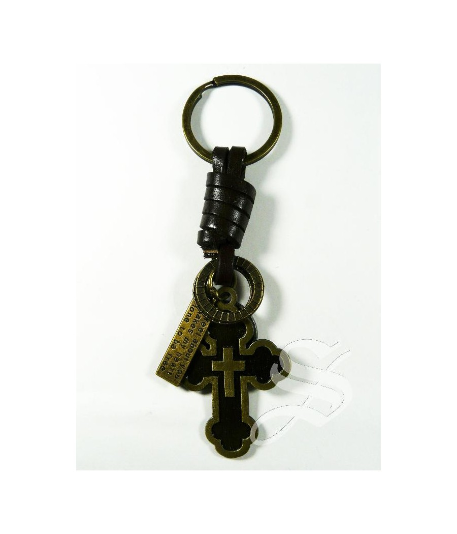 LLAVERO CUERO CON CRUZ METAL 11 CM. COMUNION