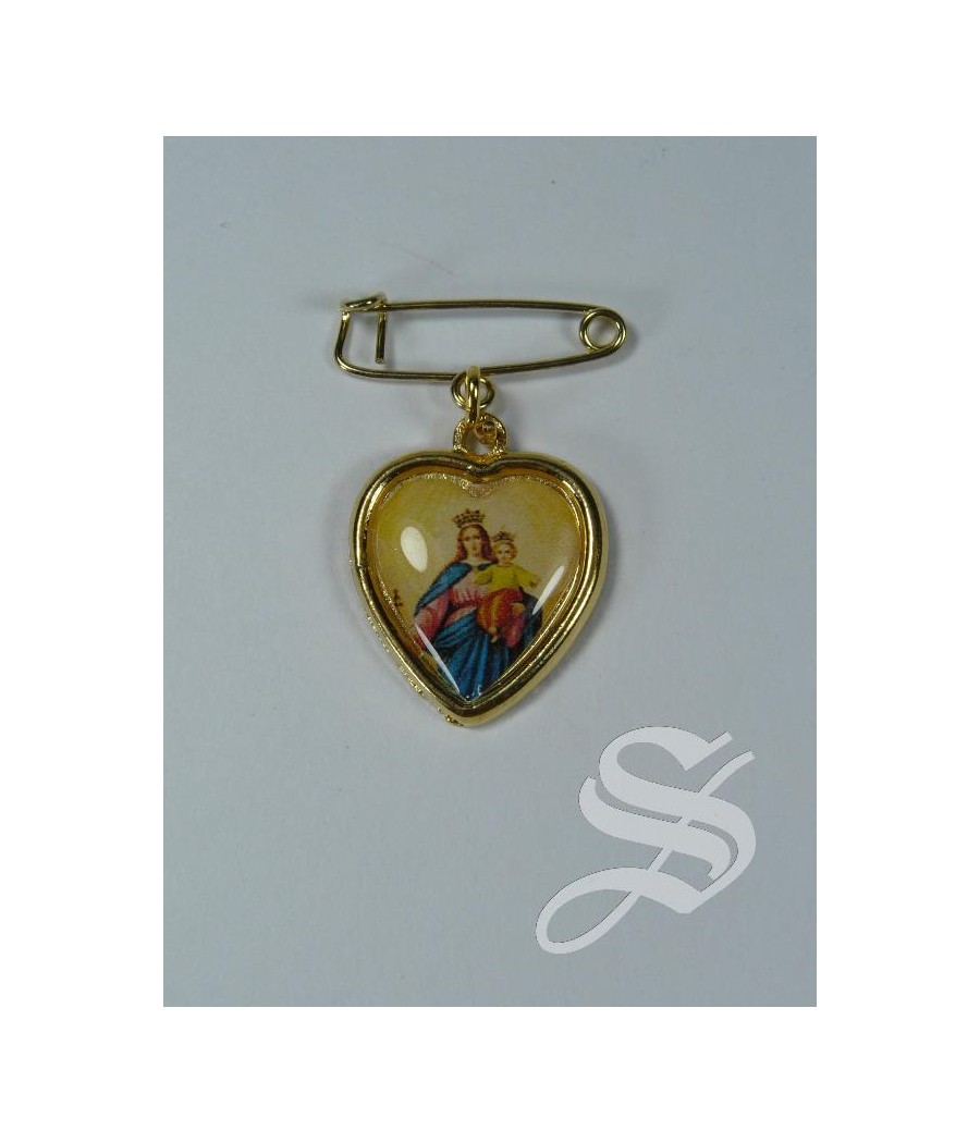 MEDALLA AUXILIADORA CORAZON CON ALFILER 20 MM.