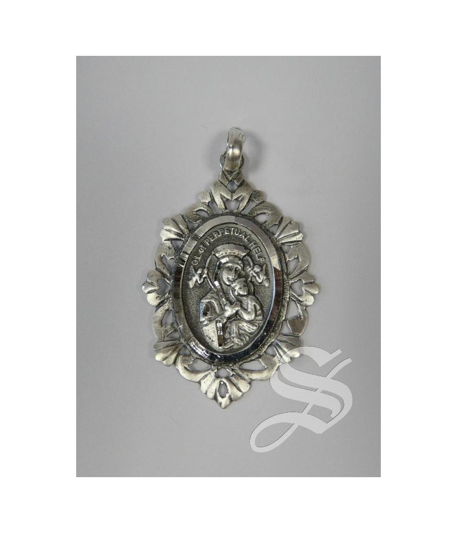 MEDALLA PLATA PERPETUO SOCORRO ORLA FLORAL 38 X 26 MM.