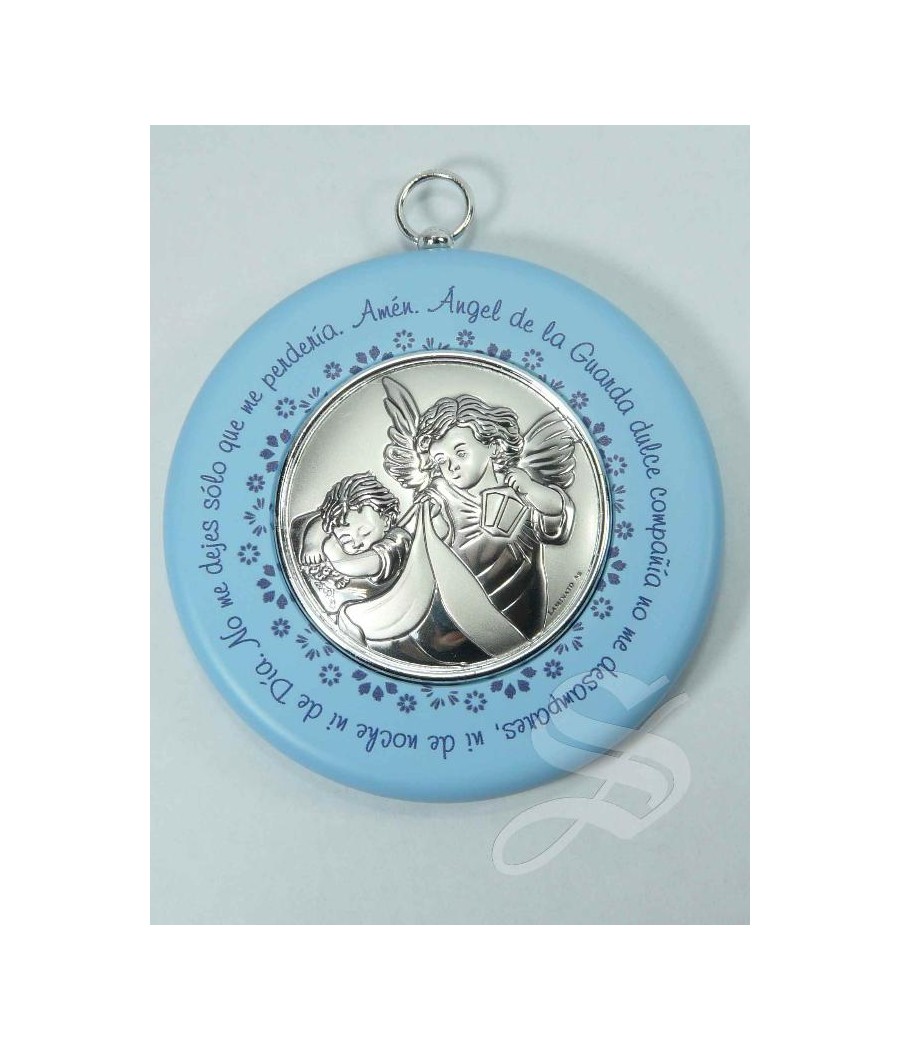 MEDALLON CUNA ANGEL AZUL CON ORACION Y PLACA PLATA Ø 9 CM.