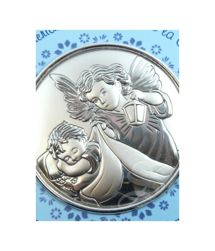 MEDALLON CUNA ANGEL AZUL CON ORACION Y PLACA PLATA Ø 9 CM.