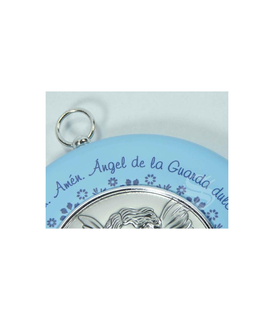 MEDALLON CUNA ANGEL AZUL CON ORACION Y PLACA PLATA Ø 9 CM.