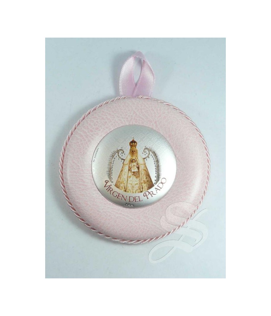 MEDALLON CUNA CUERO PLATA 85 MM Ø VIRGEN DEL PRADO ROSA