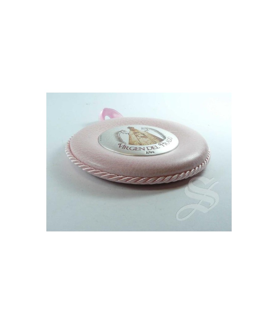 MEDALLON CUNA CUERO PLATA 85 MM Ø VIRGEN DEL PRADO ROSA