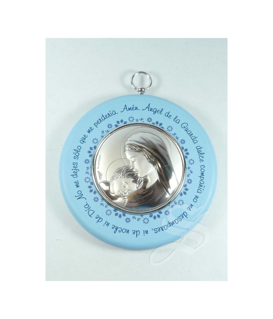 MEDALLON CUNA VIRGEN AZUL CON ORACION PLACA PLATA