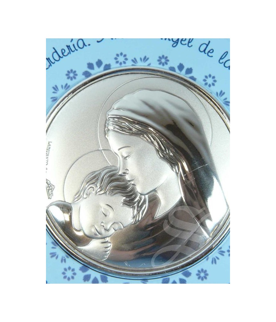 MEDALLON CUNA VIRGEN AZUL CON ORACION PLACA PLATA