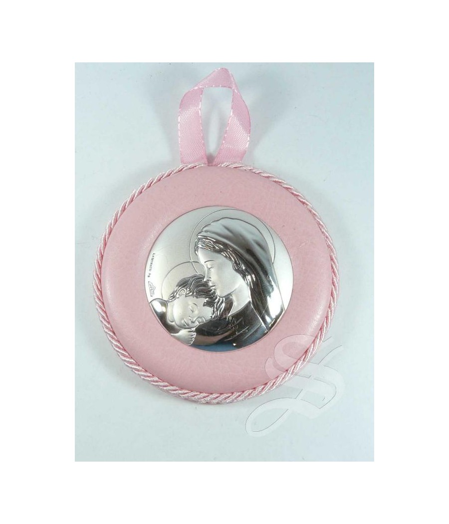 MEDALLON CUNA VIRGEN ROSA PLATA Y CUERO Ø 8 CM.