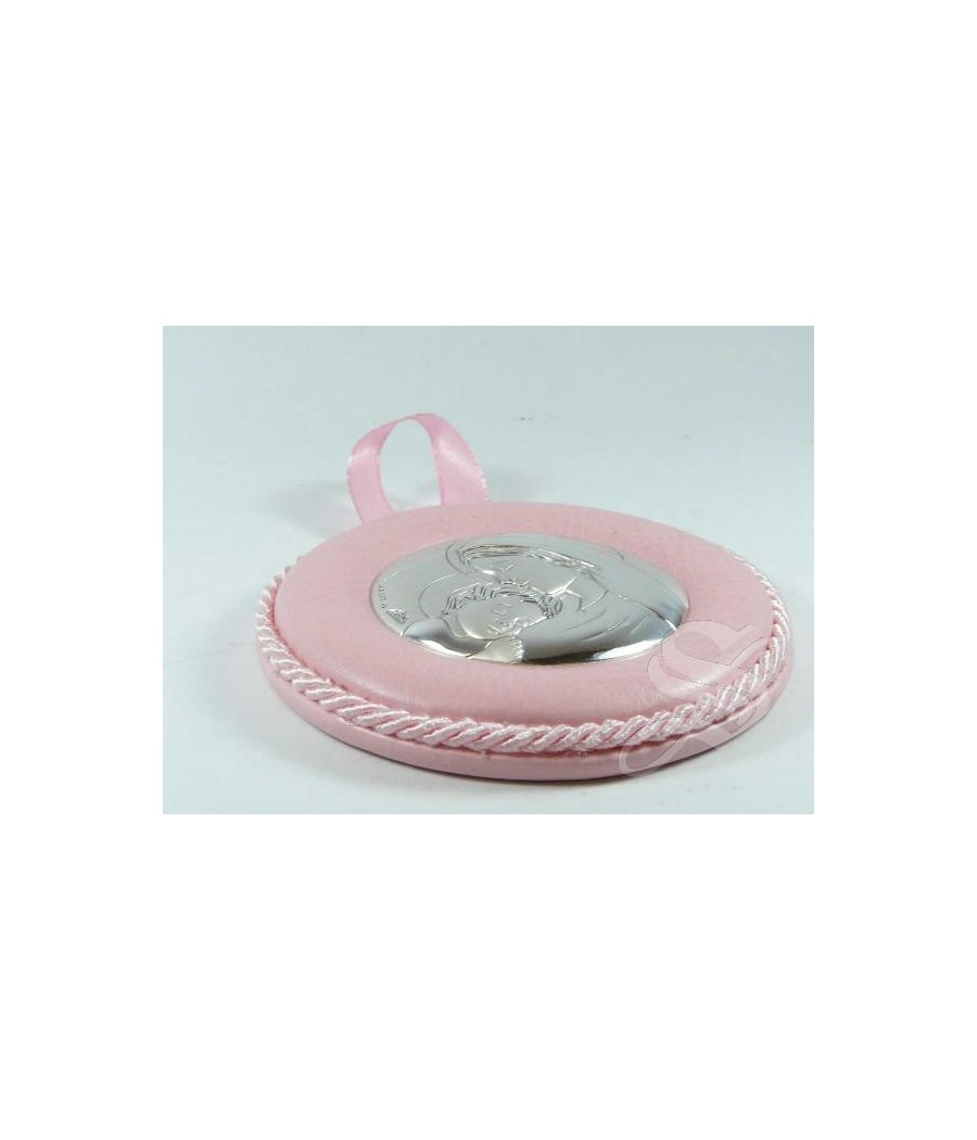 MEDALLON CUNA VIRGEN ROSA PLATA Y CUERO Ø 8 CM.