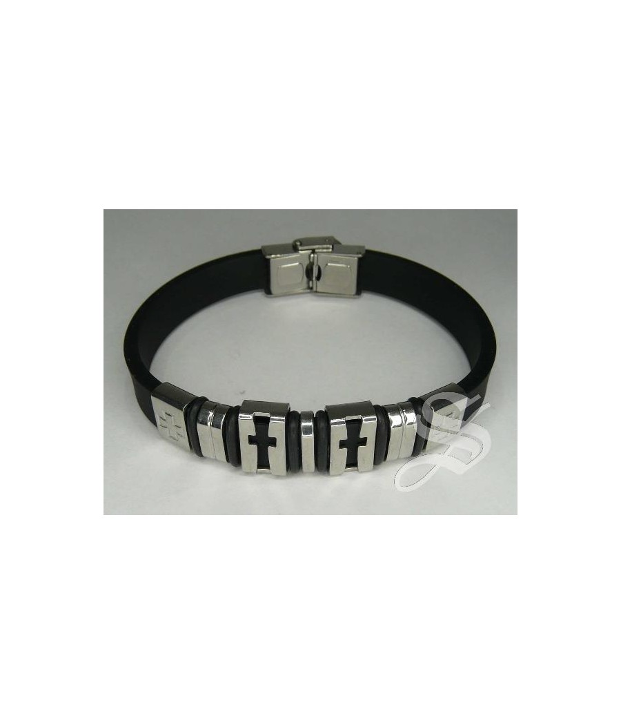 PULSERA ACERO Y CAUCHO CON DETALLES CRUCES