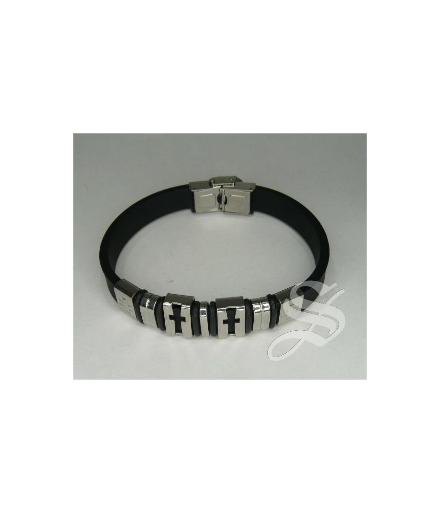 PULSERA ACERO Y CAUCHO CON DETALLES CRUCES