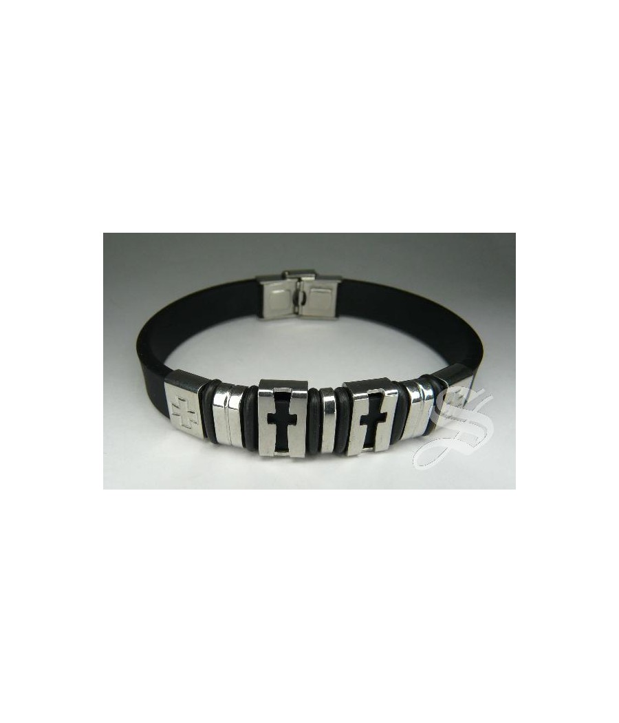 PULSERA ACERO Y CAUCHO CON DETALLES CRUCES