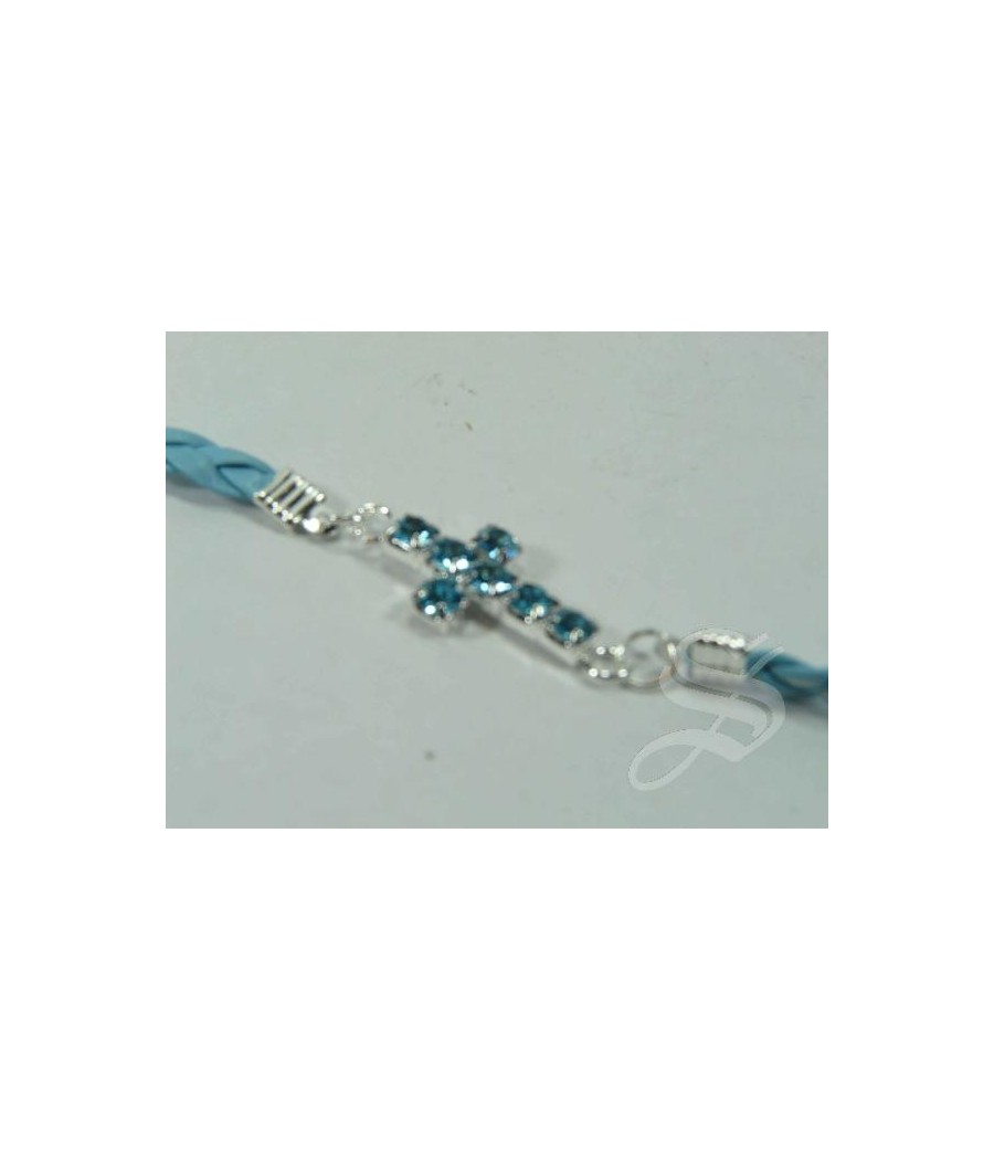 PULSERA AZUL IMIT. PIEL CRUZ PIEDRAS